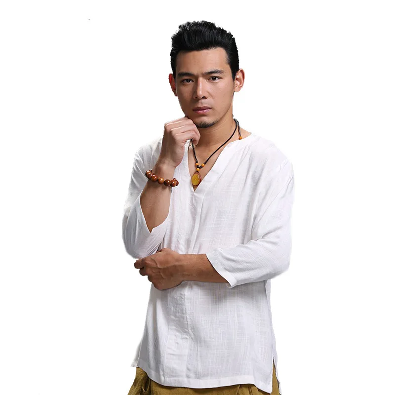 3/4 Sleeve Men Cotton Linen V-Neck Shirt Chinese Traditional White Casual Tang Tops Retro Button Ancient Harajuku Loose Coat