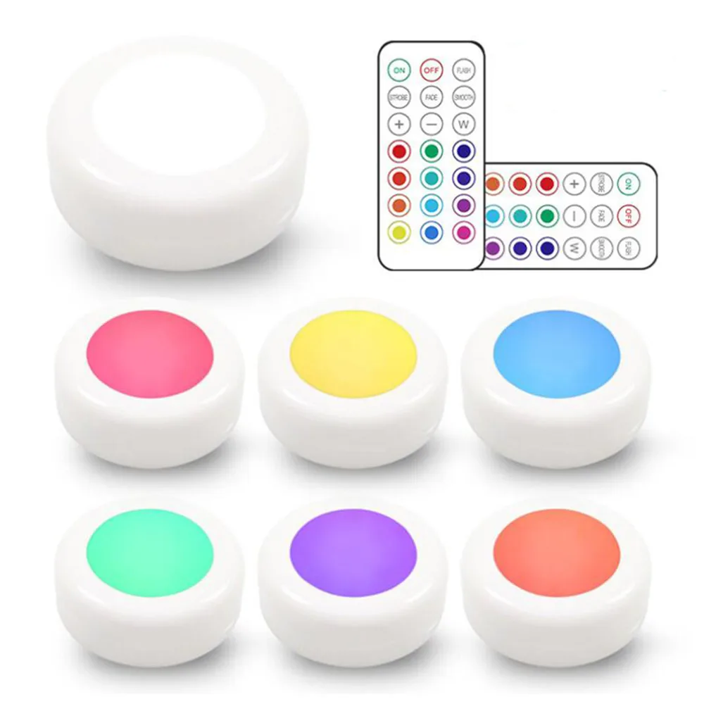 LED Cabinet Light Battery RGB Color Puck Dimmable Under Shelf Kitchen Counter Lighting Remote Controller Night Lamp