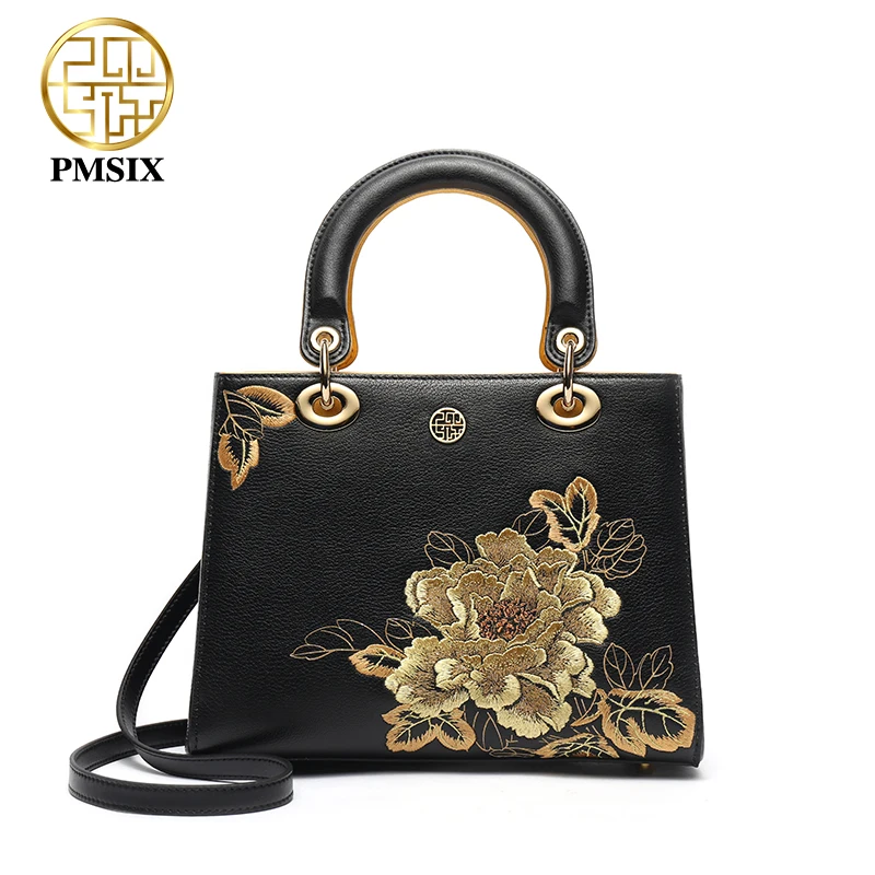 PMSIX Embroidery Gold Flowers Genuine Leather Women Handbag Famous Brand Shoulder Bags Luxury Cowhide Ladies Tote Bag