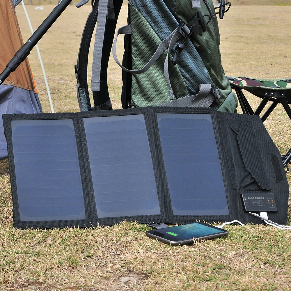 ALLPOWERS-painel solar dobrável ao ar livre, carregador solar portátil para celular, bateria embutida de 10000mAh, USB, tipo C, 5V, 21W