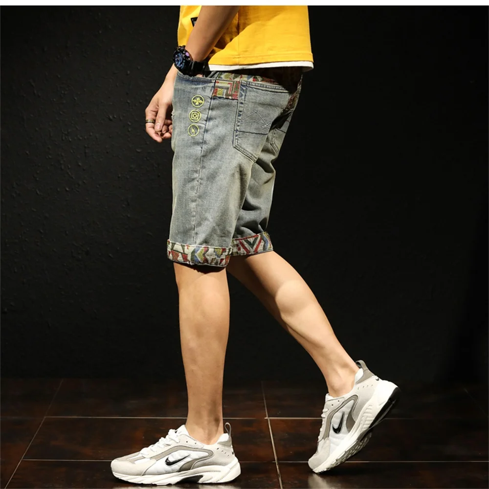 EH · MD® Men's Denim Shorts Light Blue Hand-Paneled Embroidered Mid-Pants Hole Stretch Elastic Fleece Pants Cotton Summer Feet