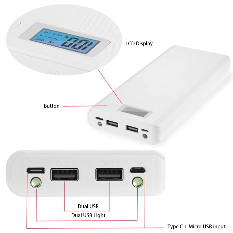 Dual USB Micro USB Type C Power Bank 5V DIY 8*18650แบตเตอรี่ที่เก็บกล่องไม่มีแบตเตอรี่