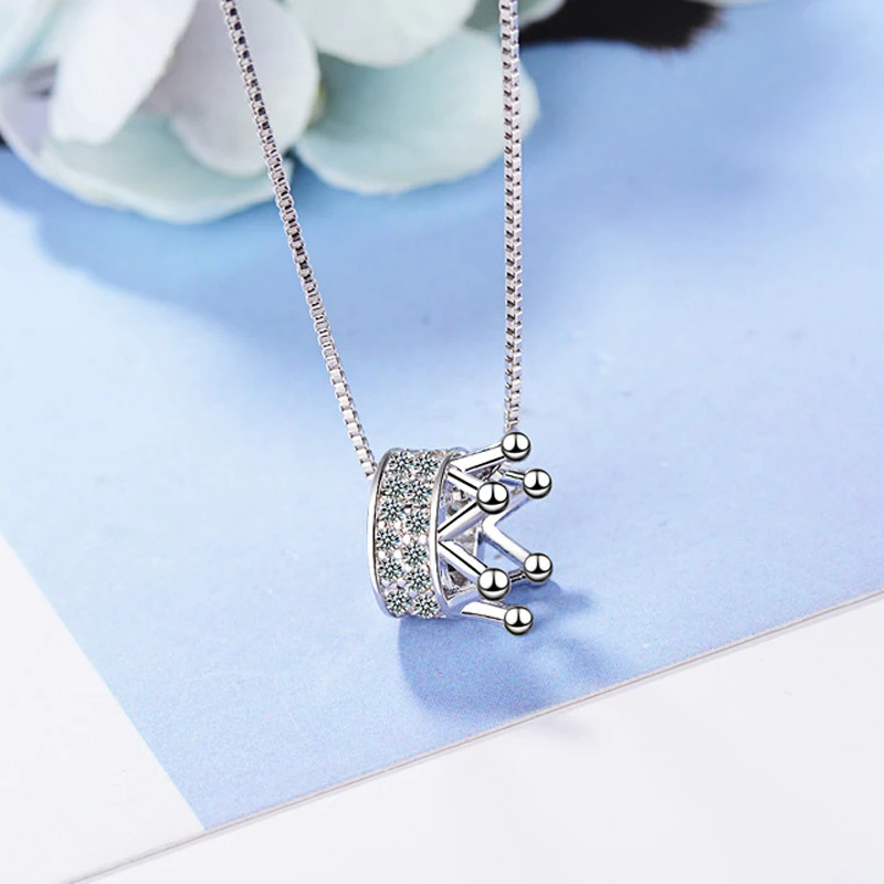 New Fashion 925 Sterling Silver Rotatable Crown Round CZ Pendant Necklace Rhinestone Charm Clavicle Necklaces Women Jewelry Gift