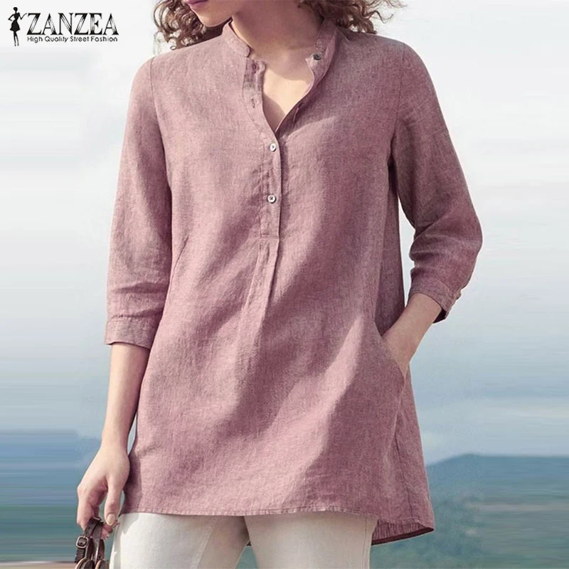 ZANZEA-Blusa informal de gran tamaño con cuello en V para mujer, camisa elegante con botones, color liso, para verano, 2023