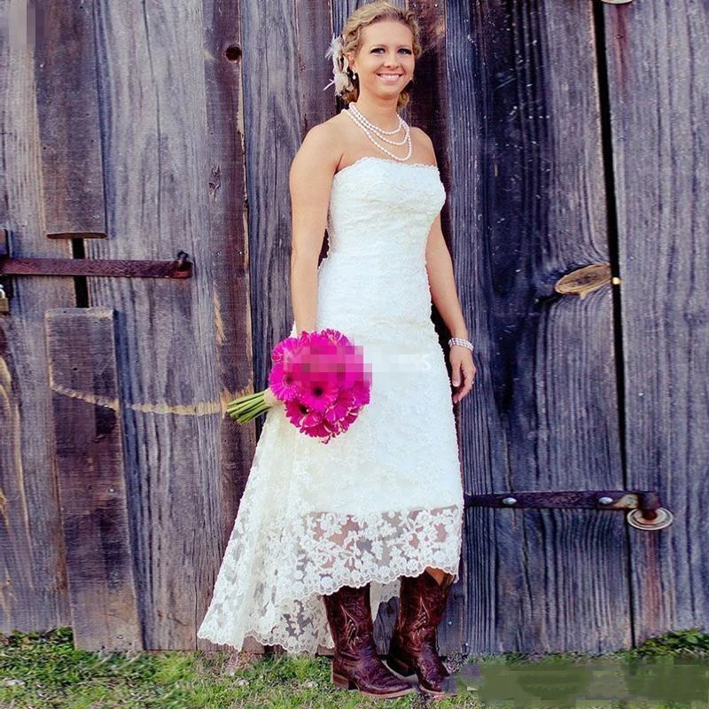 Rustic High Low Lace Country Wedding Dresses A-Line Short Strapless Spring Summer Plus Size Garden Bridal Dress