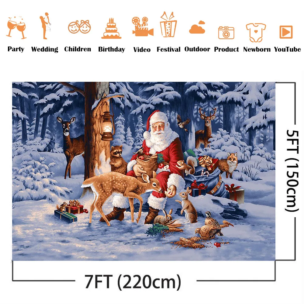 Santa Claus Winter Snow Backdrop for Photography Animals Beers Forest Background for Christmas Photoshoot Props gifts photocall