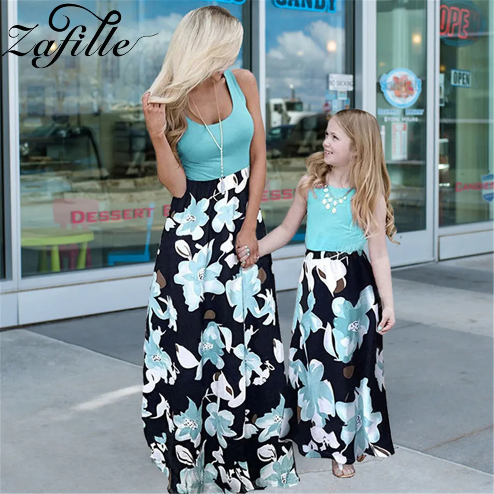 ZAFILLE Mother Kids Patchwork Floral Long Dresses Elegant Mother Daughter Matching Dress Summer Mommy and Daughter Same Clothes