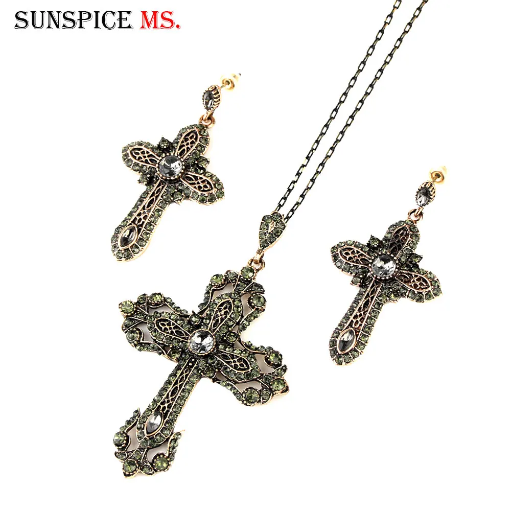 Sunspicems Vintage Gray Rhinestone Cross Pendant Necklace Earring Sets for Women Religious Church Jewelry Turkish Design 2020