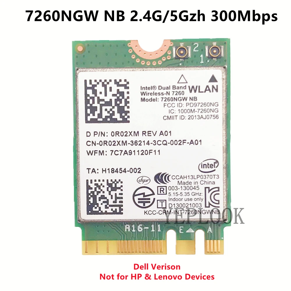 Carte réseau sans fil NGFF M.2 pour ordinateur portable DELL, carte Wifi 7260NB, 7260HMW NB, 7260 Mbps, bande touristes, 300G, 5 mesurz, stérilisation 11N, 2.4