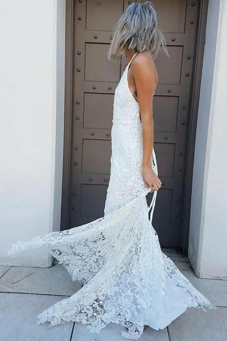 Semplice Halter Mermaid Lace Appliques abito da sposa Backless Beach abiti da sposa abiti da sposa