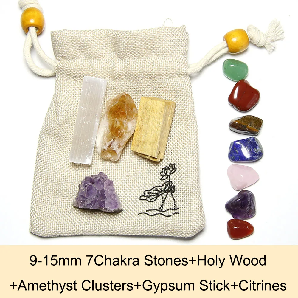 Kit de energía curativa de equilibrio de 7 Chakras, piedra pulida de cristal, racimos de amatista, palo de yeso, citrinos, juego de regalo de madera sagrada con bolsa