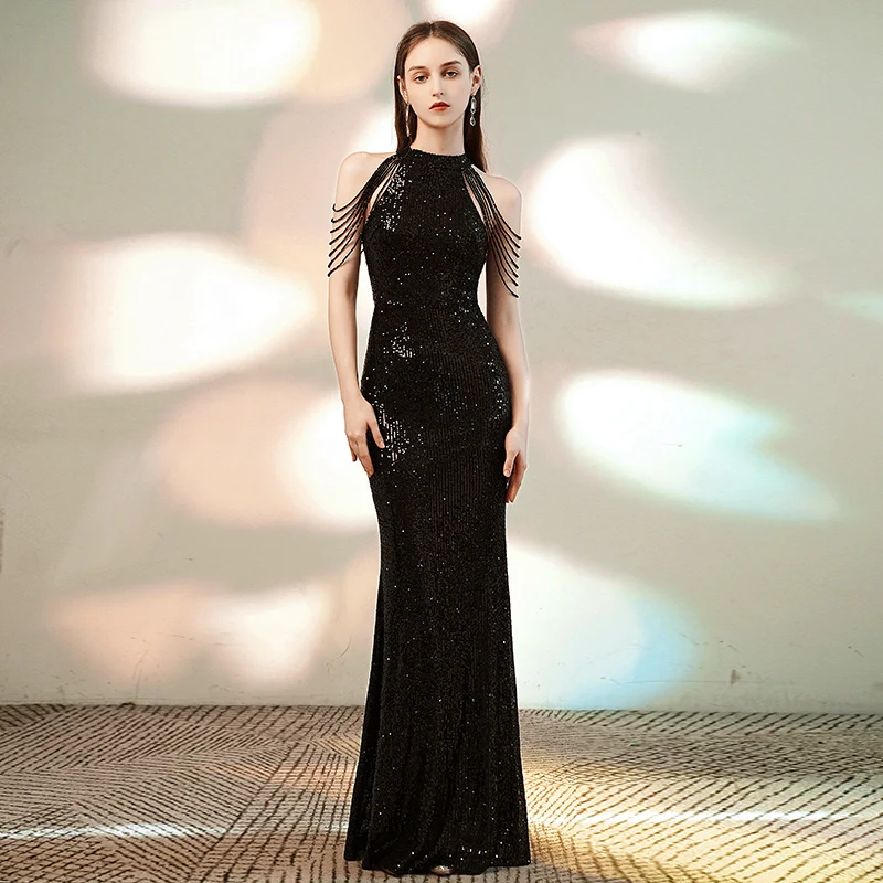 DEERVEADO Elegant Off Shoulder Beaded Sequin Evening Dress Long Women Sliver Mermaid Party Dresses Bodycon Formal Maxi Dress