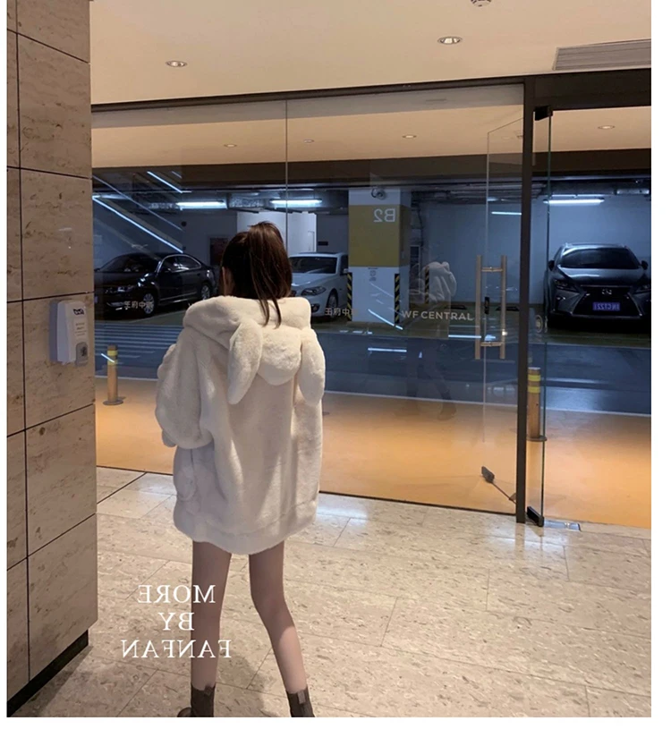 Nerazzurri Spring Fluffy Jacket with Rabbit Ears Raglan Sleeve Zipper Oversize Light Soft Harajuku Kawaii Faux Fur Hoodie 2021