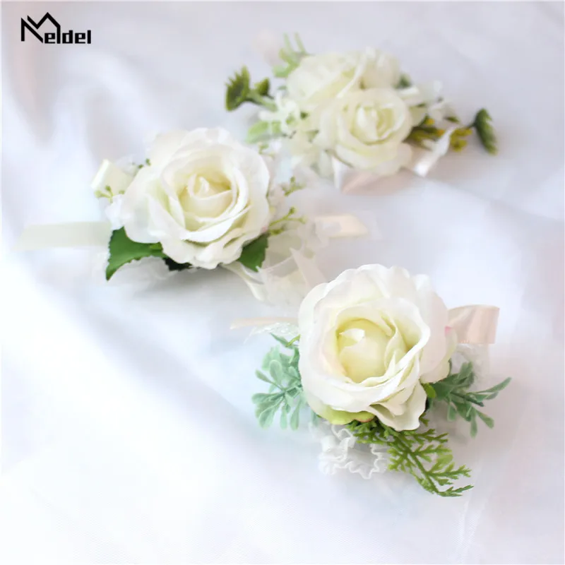 Meldel Wedding Boutonniere Bloem Witte Roos Bruid Pols Corsage Armband Bruidegom Boutonniere Bruiloft Getuige Huwelijk Accessoires