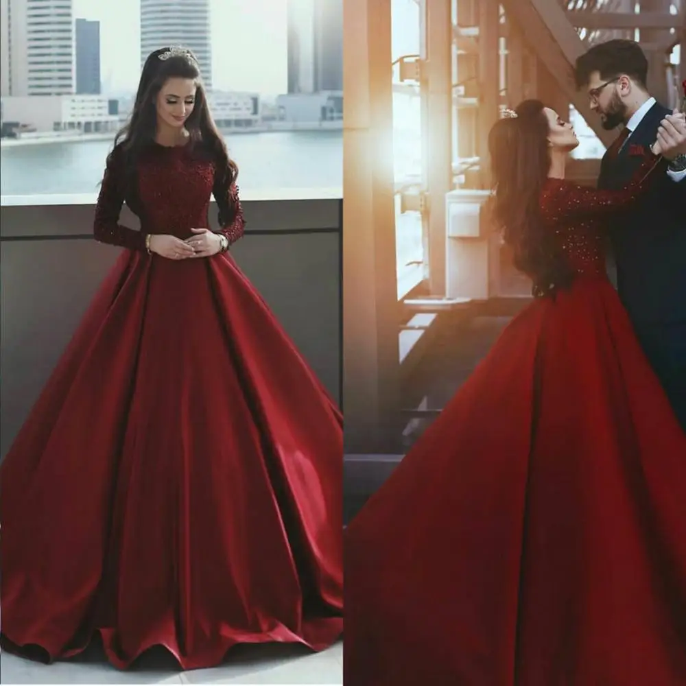 Elegant Dark Red Prom Dresses O Neck Long Sleeve Satin Lace Appliques Evening Dress Formal Party Gowns robes de mariée