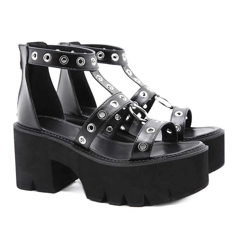 Black Punk Gothic Platform Sandals Open Toe Buckle Strappy Summer Shoes Sexy Rivets Thick Heels Footwear Gladiator Sandals Women