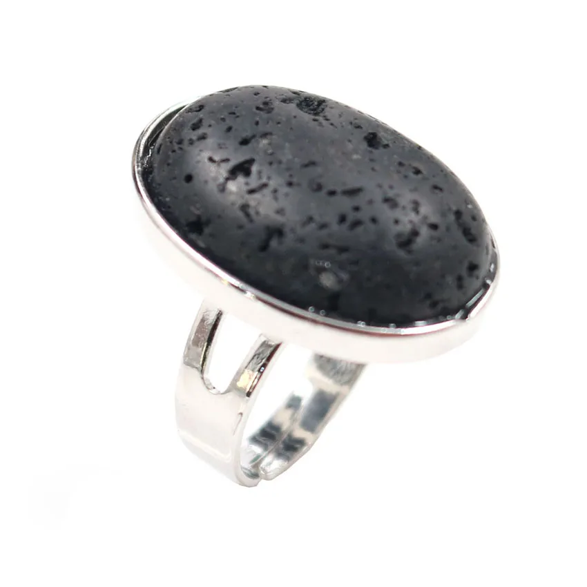 FYSL Silver Plated Oval Shape Black Lava Stone Resizable Finger Ring White Howlite Charm Jewelry