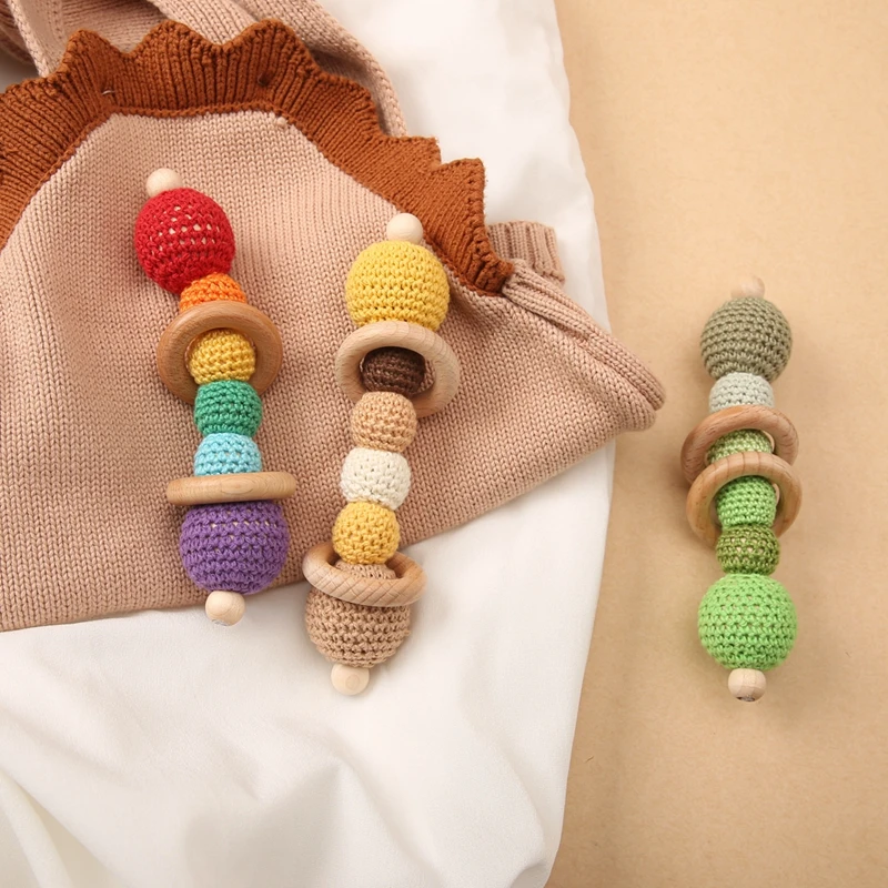 1Pc Baby Crochet Wooden Rattle Bead Wood Double Circle Rattles Crafts Wood Ring Teether Hand Bell Infant Soother Toys Birth Gift