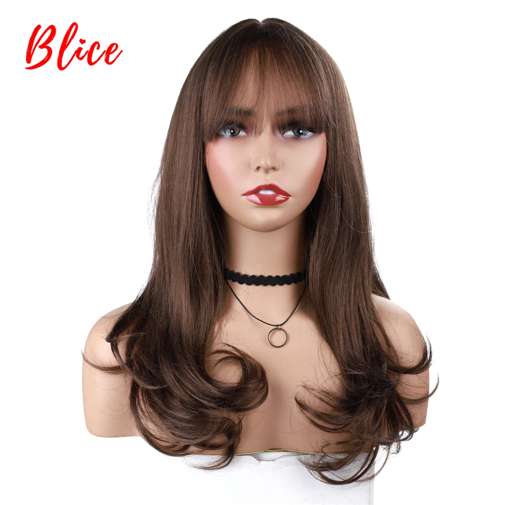 Blice 18Inch Long Wavy Synthetic Mixed Blonde Straight Free-Side Bang Knekalon Daily Afrocan American Curly 46cm Brown