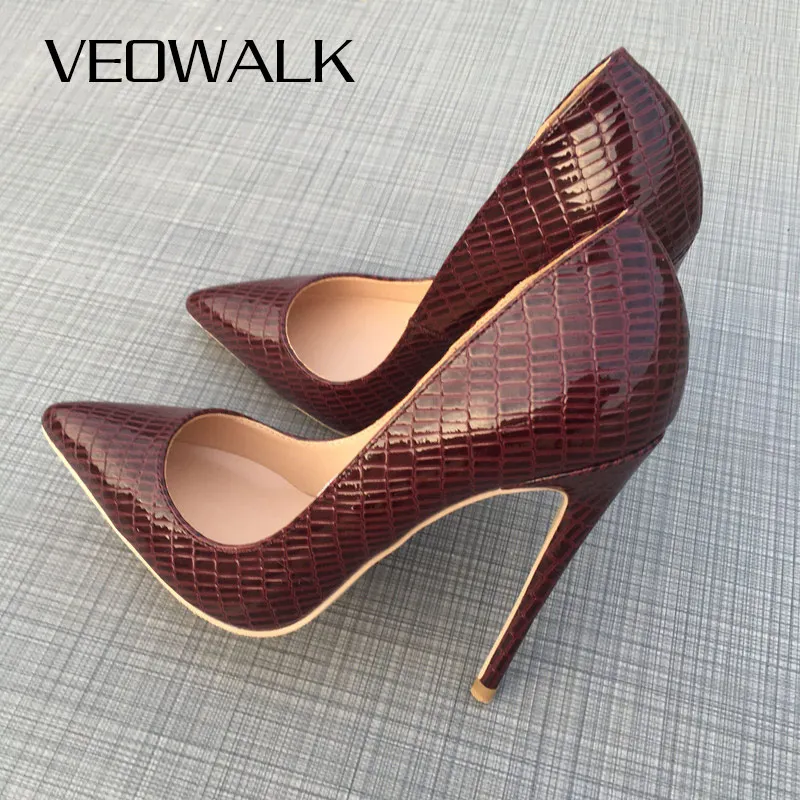 Veowalk Burgundy Plaid Croc-Effect Embossed Women Stilettos Pointed Toe Slip On Sexy Pumps Chic Ladies Dress Shoes