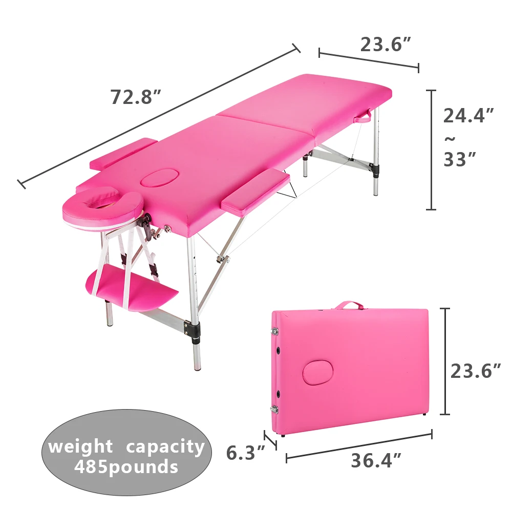 2 Sections 185 x 60 x 63cm  Foldable  Beauty Bed Folding Portable Aluminum Foot Beauty Massage Table 60CM Wide Pink