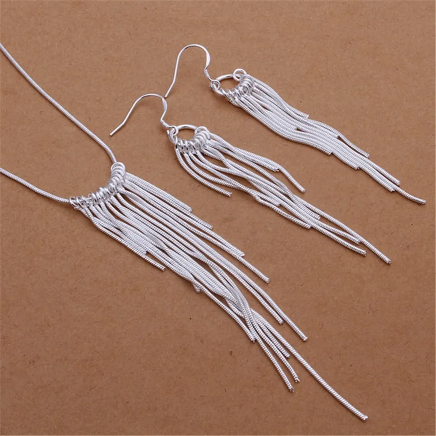 Fine 925 sterling Silver Jewelry sets for women 18 inches Tassel lines necklace earrings Fashion Party wedding Christmas Gifts