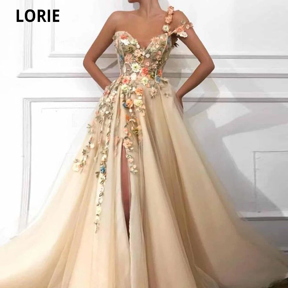 LORIE – robe de soirée élégante, longue, asymétrique épaule dénudée, dentelle florale 3D, avec des appliques perlées, fente haute