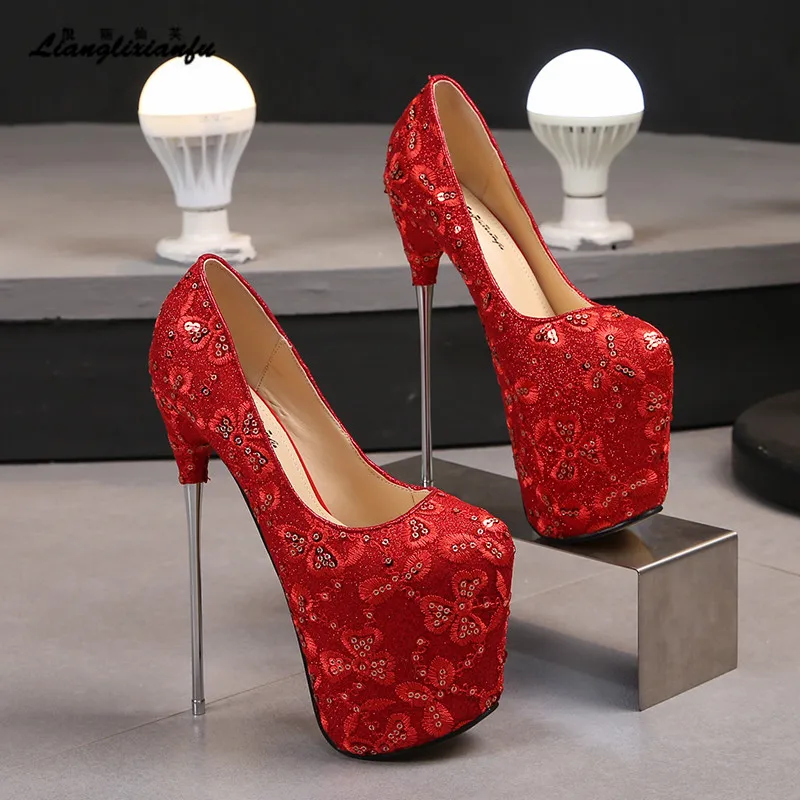 Crossdresser Gladiator Sequins Stiletto Sexy 19cm 22cm 30cm Metall Thin Heels Shoes Woman waterproof Wedding pumps zapatos mujer