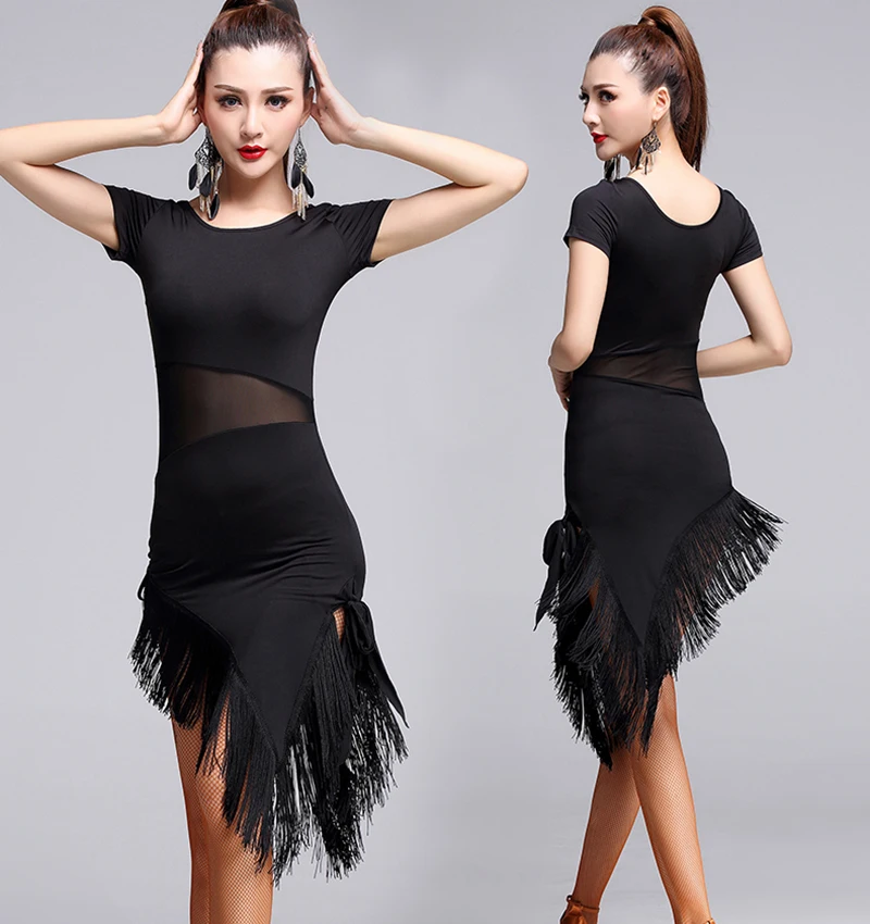 Adult Latin Dance Dress Short-sleeve Latin Dance Tassel One-Piece Dress for Women Latin Dress Ballroom tango Cha Cha Costumes