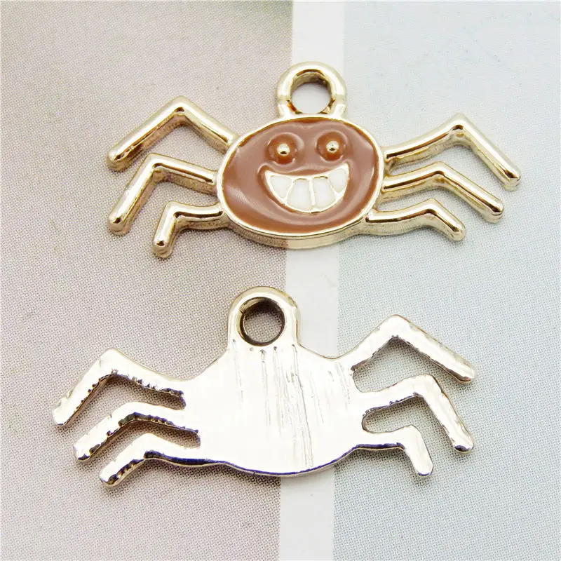 Julie Wang 6PCS Enamel Spider Charms Black Brown Cartoon Halloween Spider Pendants Alloy Jewelry Making Accessory