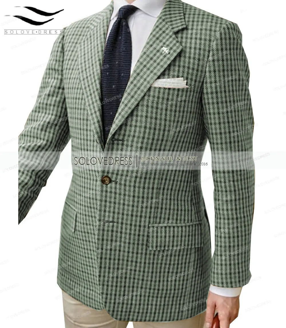 Formal Men\'s Suits Regular Fit Plaid Wool Tweed Prom Army Green Tuxedos Solid Business Brown Suits for Wedding Grooms Best Man