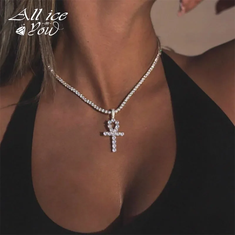 ALLICEONYOU 925 Sterling Silver High Quality Iced Out Cubic Zirconia Ankh Cross Pendant Hip Hop Fashion Jewelry Gift