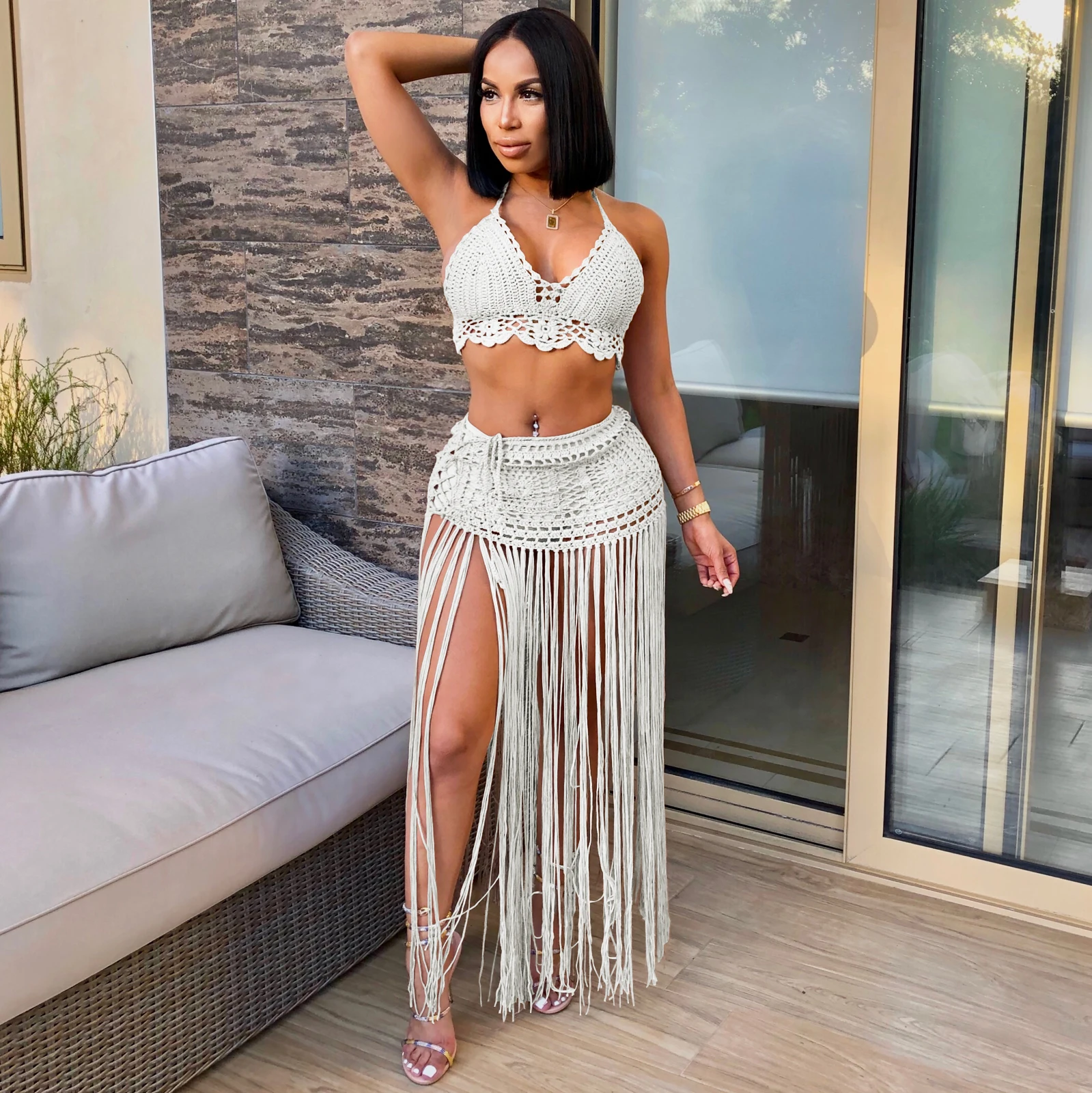 RT Sexy Women Crochet Set Two Pieces Set Halter Backless Crop Top Long Tassels Skirt Knitted Set Hollow Out Crocheted Beach Suit