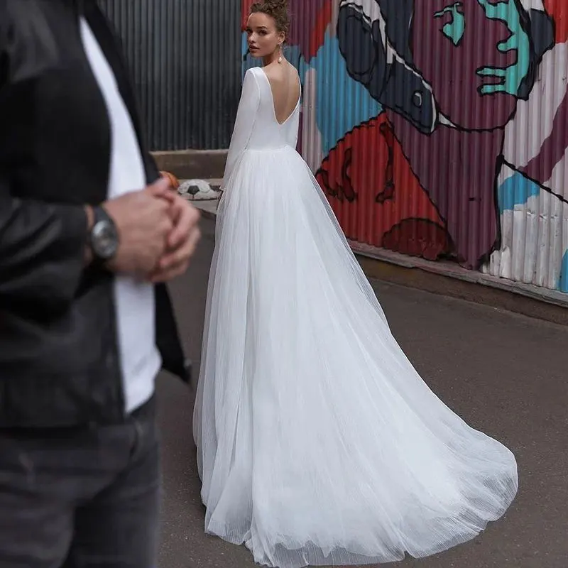 Vestido de novia De satén, prenda de vestir de manga larga, De mariee, para novia