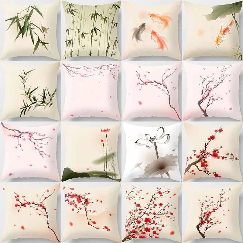 

Fashion beauty sketch lotus bamboo fishes plum blossom pillow cases short plush high quality square thick pillow case covers