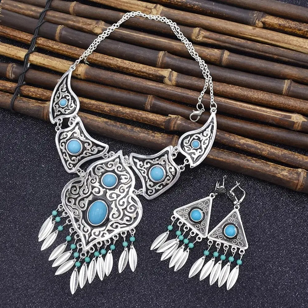 

Bohemian Vintage Blue Acrylic Stone Beads Tassel Choker Necklace Earrings for Women India Gypsy Boho African Ethnic Jewelry Set