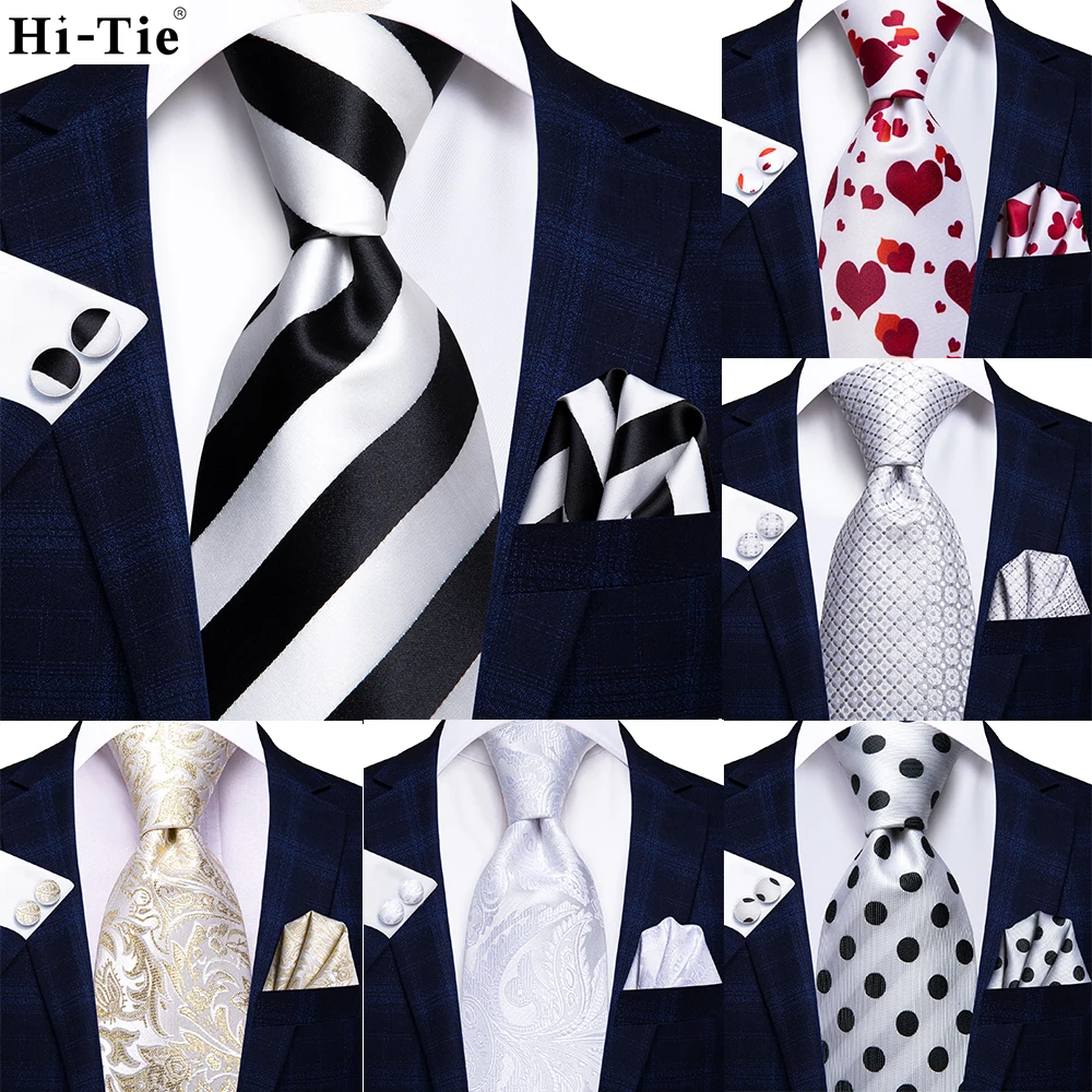 

Hi-Tie White Black Striped Solid Men Tie Gravata Silk Wedding Tie For Men Hanky Cufflink Fashion Designer Business Dropshipping