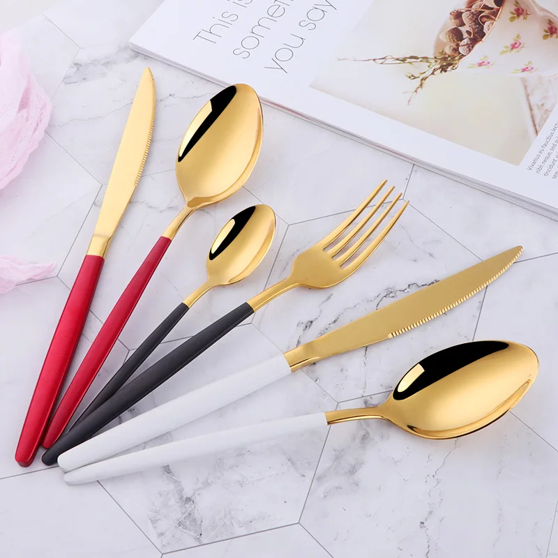 

4-24PCS Luxury Flatware Gold Polish Red Handle Stainless Steel dinner knives forks tablespoons Food Silverware Dinnerware Set