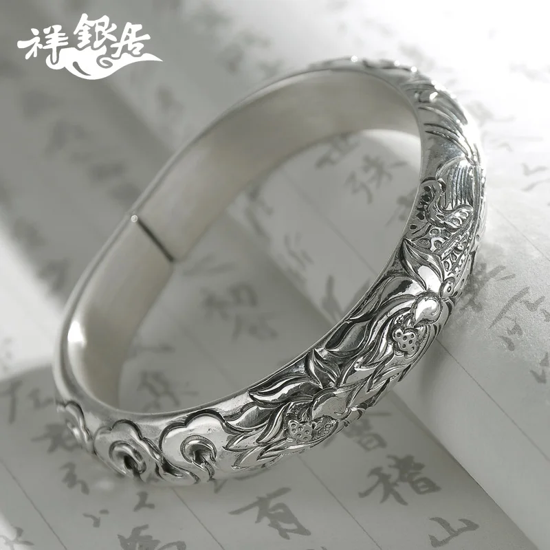 ★in 999 fine silver embossing hand smooth loach-back-like support lotus lotus female heavy silver fine silver bracelet