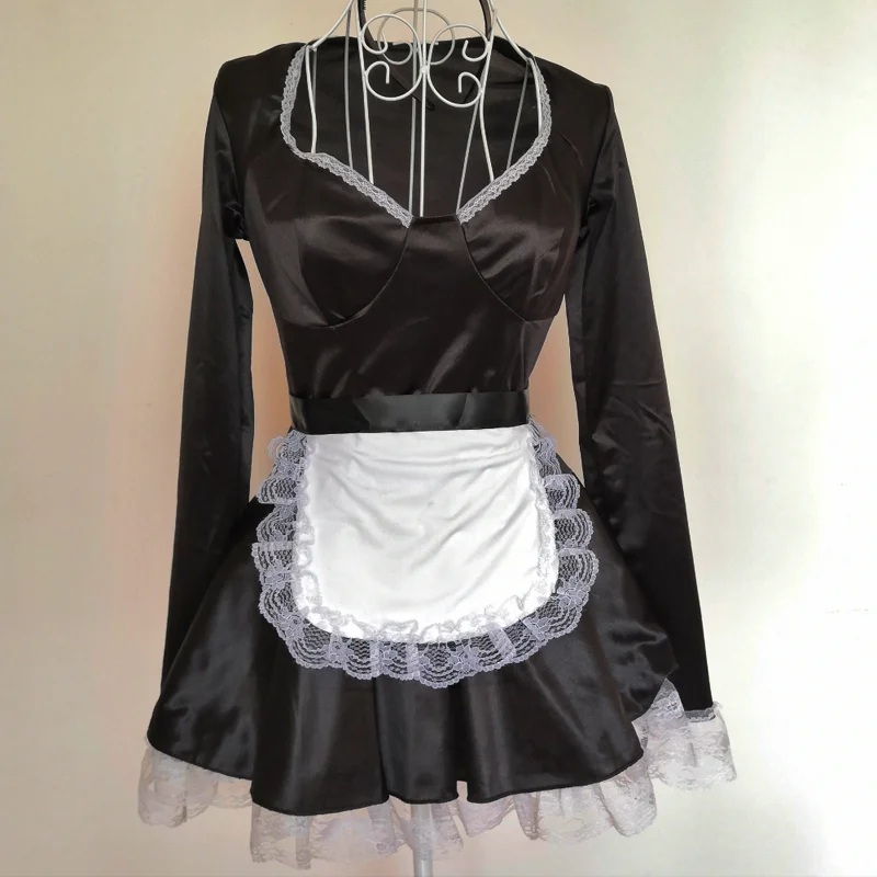 Lolita Sexy Frauen Satin Französisch Maid Langarm Phantasie Kleid Hausmädchen Schürzen Fetisch Rolle Spielen Kostüm Plus Größe M zu 4XL