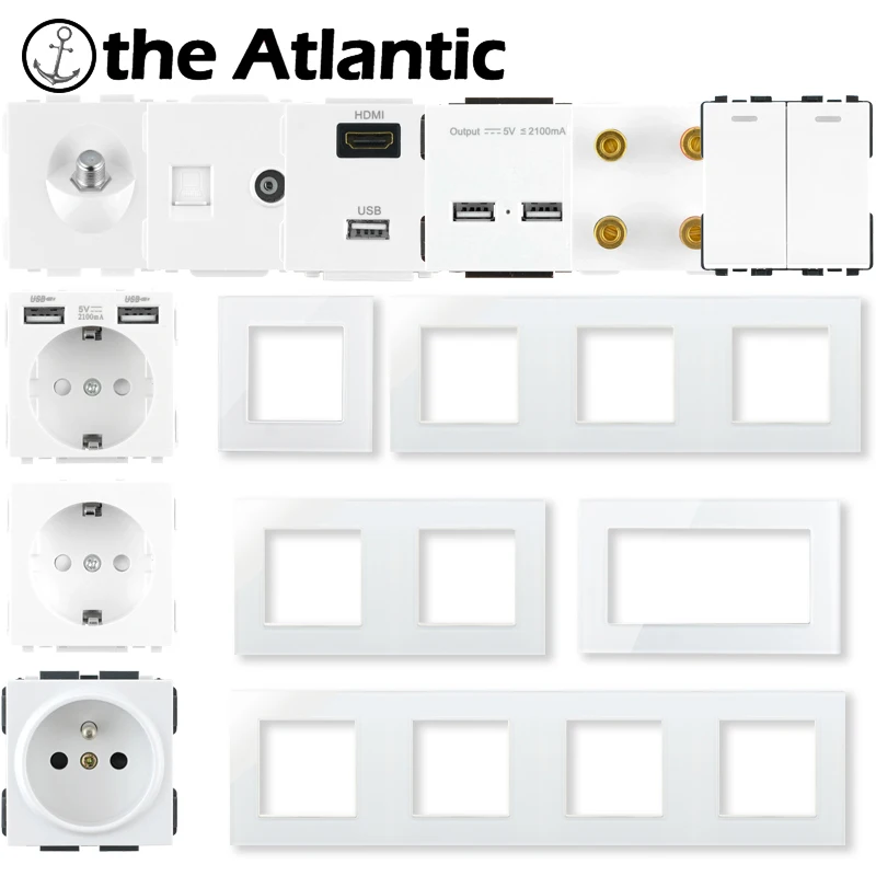 S Series- Wall Outlet Power Socket USB Light Switch Type C RJ45 Audio HDMI Module Frame DIY Free Combination White Glass EU FR