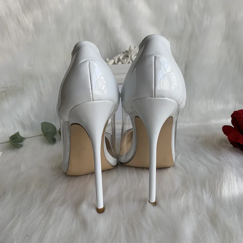 2023 autumn new style white patent transparent PVC pointed toe women lady clear heel  12cm thin heel available big small size