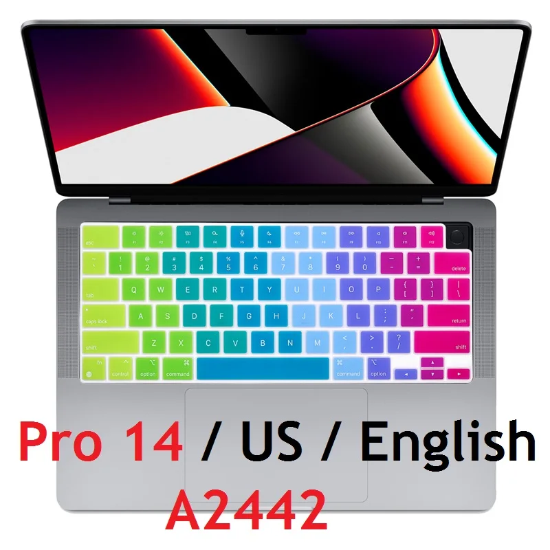 

Радужный чехол для ноутбука с английской раскладкой для Macbook Pro 14 в 2021 M1 A2442 Pro14 US, силиконовый чехол для клавиатуры для Macbook Pro14 A2442