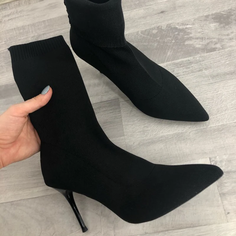 2023 Luxury Women Beige Black Sock Boots Stiletto Thin High Heels Elastic knitting Boots Winter Stretch Fabric Boots Plus Size