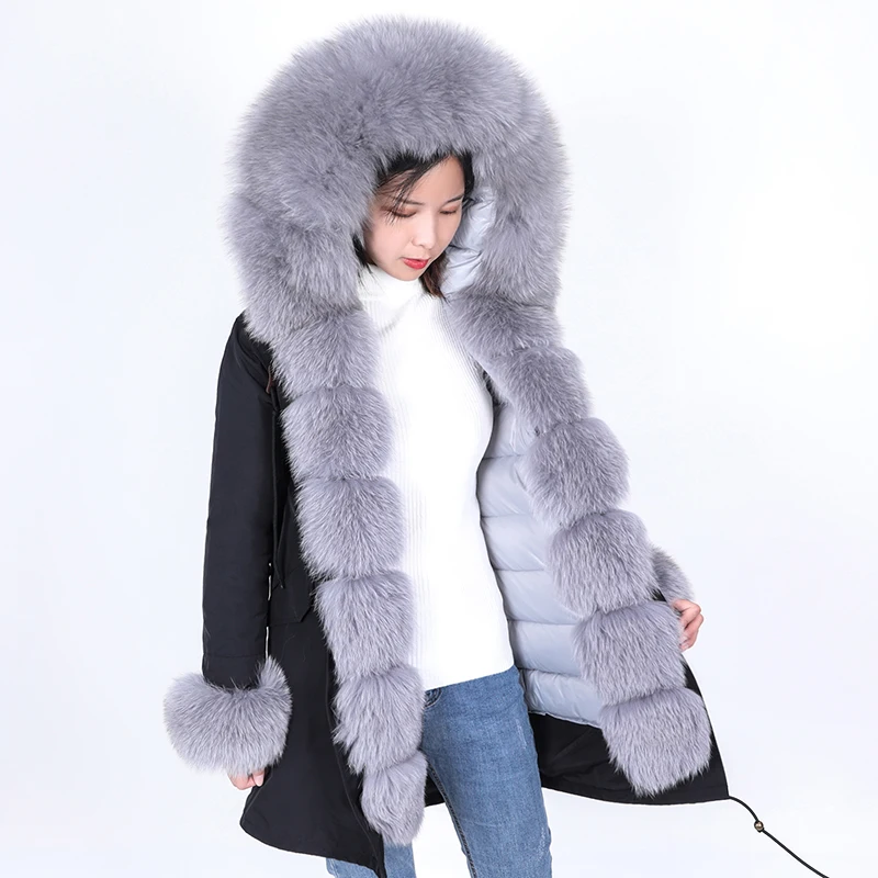 2020 new thermal down liner fox fur collar mid-length pie to overcome women, detachable liner placket fur coat