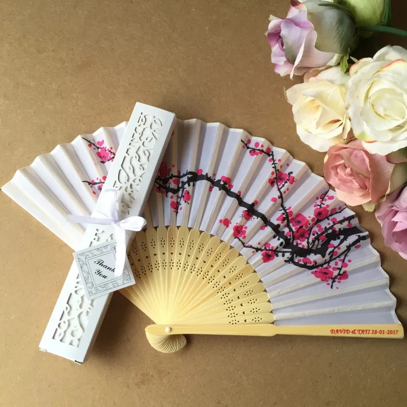 50Sets Personalized Bride Groom's Names & Date Plum Flower Chinese Silk Hand Fan With Luxury Gift Box For Wedding or Baby Shower