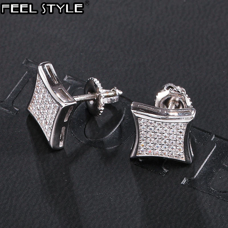 Hip HOP 1Pair Micro Full Paved Rhinestone Zircon CZ Square Bling Iced Out Stud Earring Copper Earrings For Men Jewelry