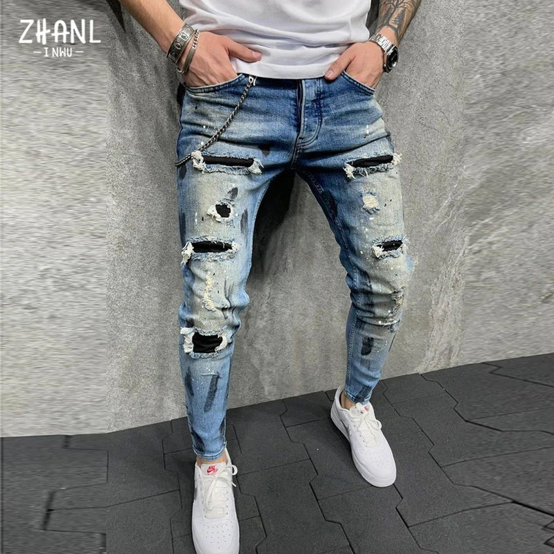 2021 Men Clothing Street Fashion Jeans Skinny Slim fit Ripped Stretch Jeans Man Hole Patchwork Casual Jogging Denim Pencil Pants