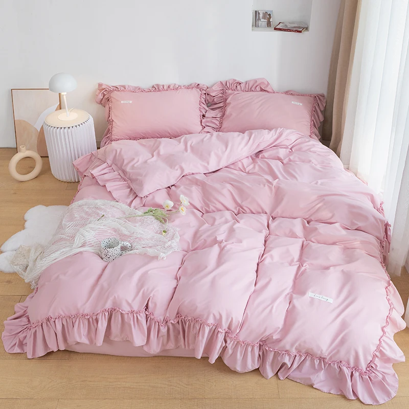 

pink solid color lotus leaf washed sanded Bedding Set Duvet Cover Bed Linen Fitted Sheet Pillowcases Home textiles