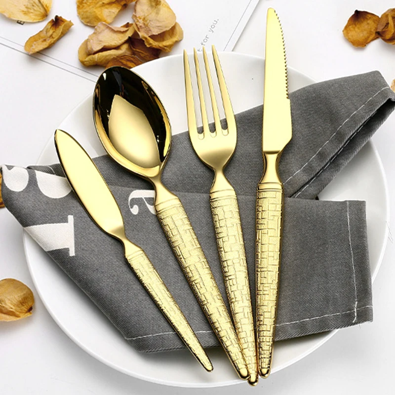 High Quality Stainless Steel Golden Tableware Set Mirror Polished Kitchen Cutlery Household knife, Fork and Spoon Set